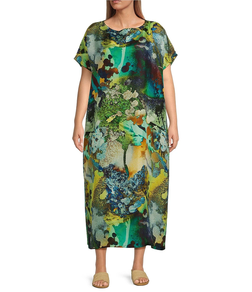 Bryn Walker Plus Size Silk Liz Canale Print Crew Neck Cap Sleeve Oversized Fit Dress