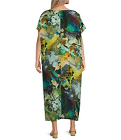 Bryn Walker Plus Size Silk Liz Canale Print Crew Neck Cap Sleeve Oversized Fit Dress