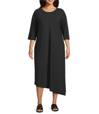 Bryn Walker Plus Size Sydney Microfiber Jersey Round Neck Elbow Sleeve Asymmetrical Hem Dress