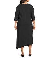 Bryn Walker Plus Size Sydney Microfiber Jersey Round Neck Elbow Sleeve Asymmetrical Hem Dress