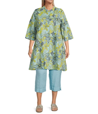 Bryn Walker Plus Size Winona Cotton Poplin Hydra Solare Print Banded Neck 3/4 Sleeve Pocketed Button Front Long Tunic