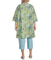 Bryn Walker Plus Size Winona Cotton Poplin Hydra Solare Print Banded Neck 3/4 Sleeve Pocketed Button Front Long Tunic