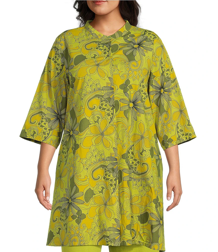 Bryn Walker Plus Size Winona Pera Mandarin Collar Elbow Sleeve Button Front Top