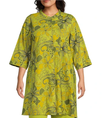 Bryn Walker Plus Size Winona Pera Mandarin Collar Elbow Sleeve Button Front Top