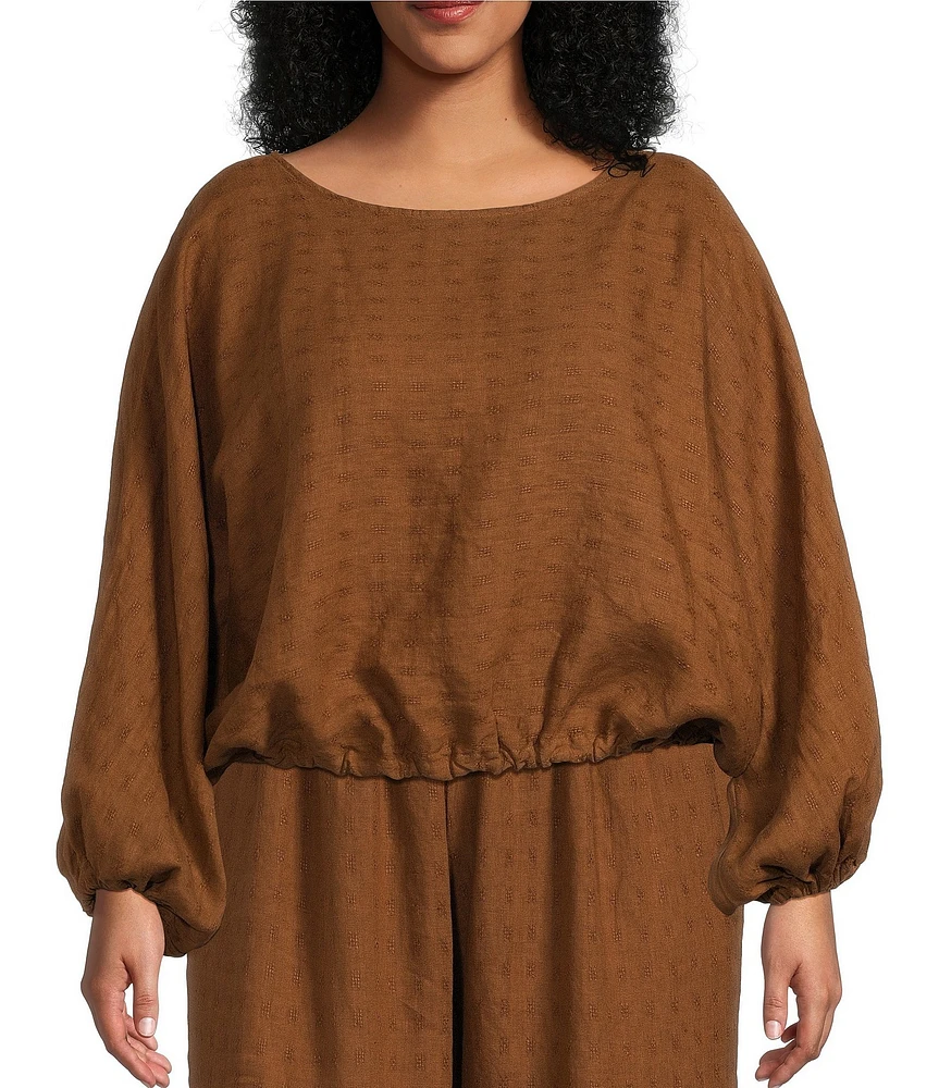 Bryn Walker Plus Size Woven Linen Gianna Coordinating Round Neck Long Sleeve Shirt