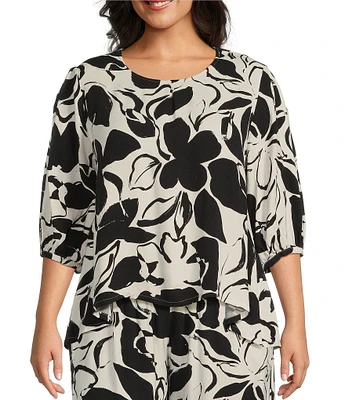 Bryn Walker Plus Size Woven Lucinda Floral Petal Print Round Neck 3/4 Sleeve Hi-Low Hem Shirt