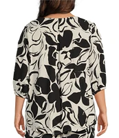 Bryn Walker Plus Size Woven Lucinda Floral Petal Print Round Neck 3/4 Sleeve Hi-Low Hem Shirt