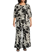 Bryn Walker Plus Size Woven Lucinda Floral Petal Print Round Neck 3/4 Sleeve Hi-Low Hem Shirt