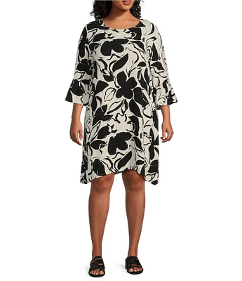 Bryn Walker Plus Size Woven Phryne Flower Petal Print Round Neck 3/4 Sleeve Shift Dress