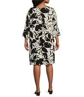 Bryn Walker Plus Size Woven Phryne Flower Petal Print Round Neck 3/4 Sleeve Shift Dress