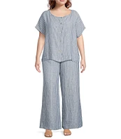Bryn Walker Plus Stripe Linen Flat Front Elastic Waist Wide Leg Coordinating Pants