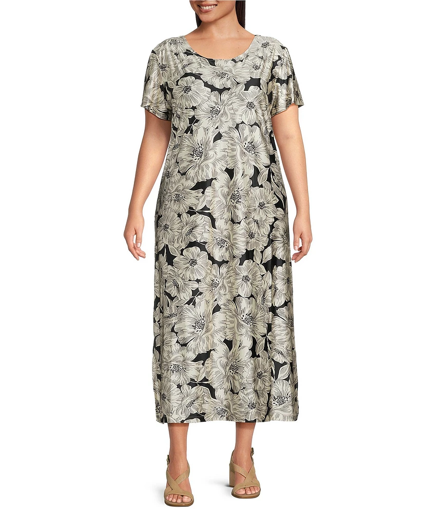 Bryn Walker Plus Wesley Bianchi Fiori Stretch Knit Round Neck Short Sleeve Dress