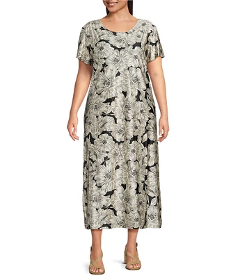 Bryn Walker Plus Wesley Bianchi Fiori Stretch Knit Round Neck Short Sleeve Dress
