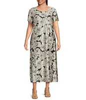 Bryn Walker Plus Wesley Bianchi Fiori Stretch Knit Round Neck Short Sleeve Dress
