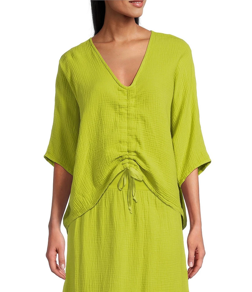 Bryn Walker Ria Cotton Gauz V-Neck Short Sleeve High-Low Shirt
