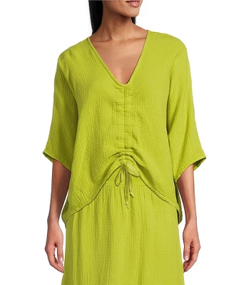 Bryn Walker Ria Cotton Gauz V-Neck Short Sleeve High-Low Shirt