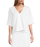 Bryn Walker Ria Cotton Jersey V-Neck Short Dolman Sleeve Ruched Center High-Low Shirt