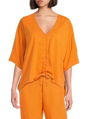 Bryn Walker Ria Jersey V-Neck Short Dolman Sleeve Ruched Tie Front Shirt