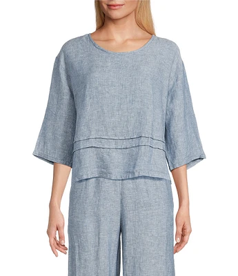 Bryn Walker Rimini Cross-Dyed Linen Round Neck 3/4 Sleeve Pintuck Coordinaitng Shirt