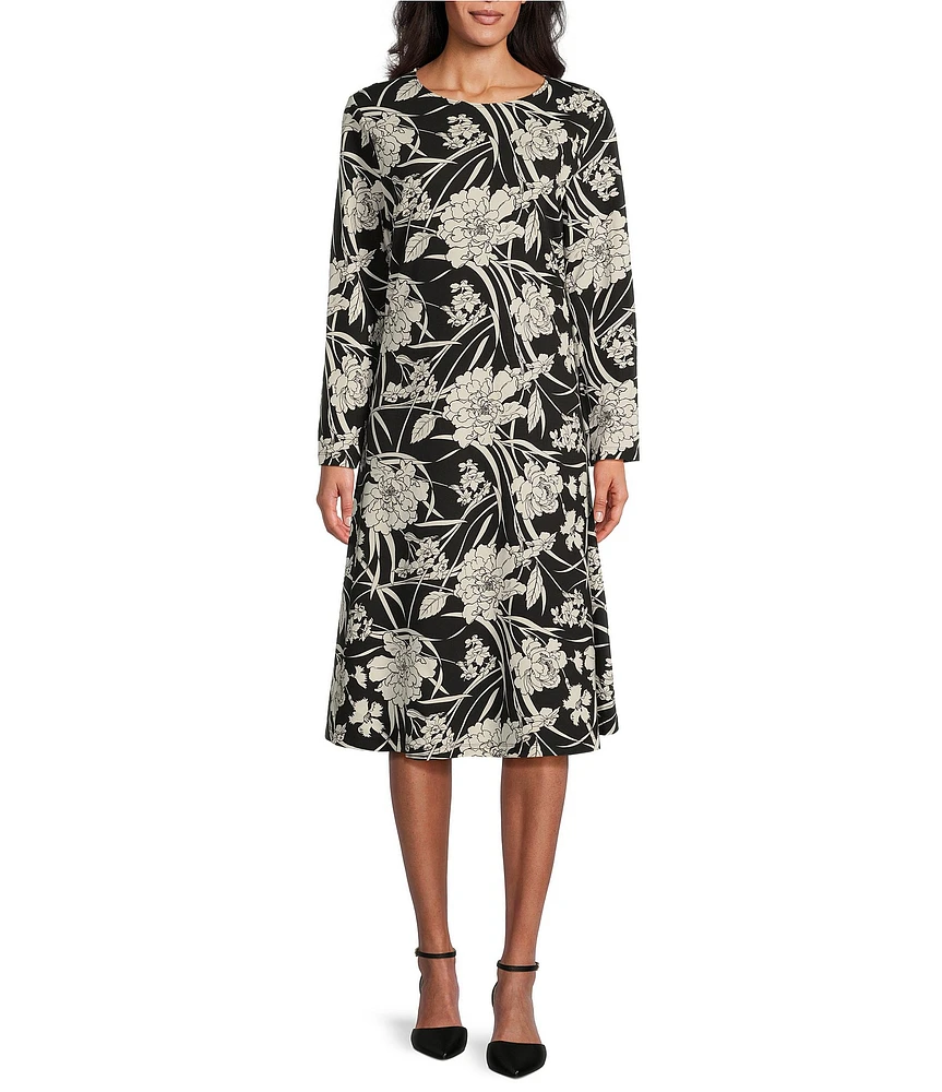 Bryn Walker Rya Modal Ponti Floral Print Round Neck Long Sleeve Midi Dress