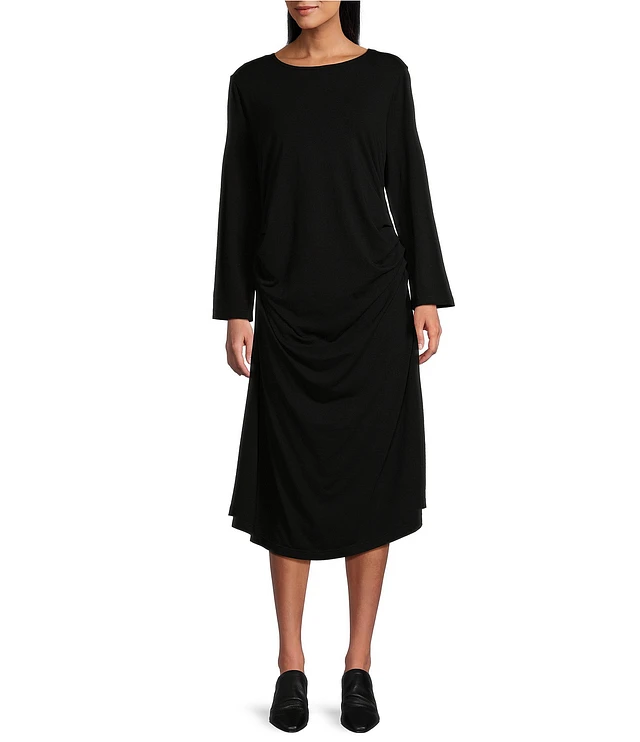 Bryn Walker Rya Organic Bamboo Cotton Round Neck Long Sleeve Ruched Dress |  Liberty Center