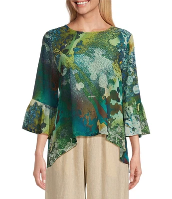 Bryn Walker Sheer Woven Fran Canale Print Round Neck 3/4 Ruffle Bell Sleeve High-Low Hem Shirt