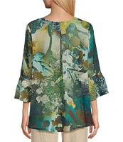 Bryn Walker Sheer Woven Fran Canale Print Round Neck 3/4 Ruffle Bell Sleeve High-Low Hem Shirt