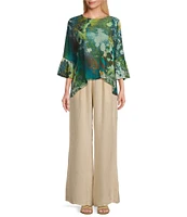 Bryn Walker Sheer Woven Fran Canale Print Round Neck 3/4 Ruffle Bell Sleeve High-Low Hem Shirt