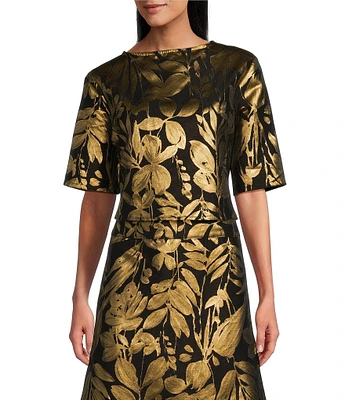 Bryn Walker Sigi Folie D' Oro Jacquard Gold Foil Floral Boat Neck Short Sleeve Coordinating Top