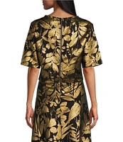 Bryn Walker Sigi Folie D' Oro Jacquard Gold Foil Floral Boat Neck Short Sleeve Coordinating Top