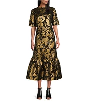 Bryn Walker Sigi Folie D' Oro Jacquard Gold Foil Floral Boat Neck Short Sleeve Coordinating Top