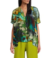 Bryn Walker Silk Becca Canale Abstract Print V-Neck Cap Sleeve High-Low Hem Boxy Shirt