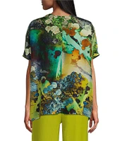 Bryn Walker Silk Becca Canale Abstract Print V-Neck Cap Sleeve High-Low Hem Boxy Shirt