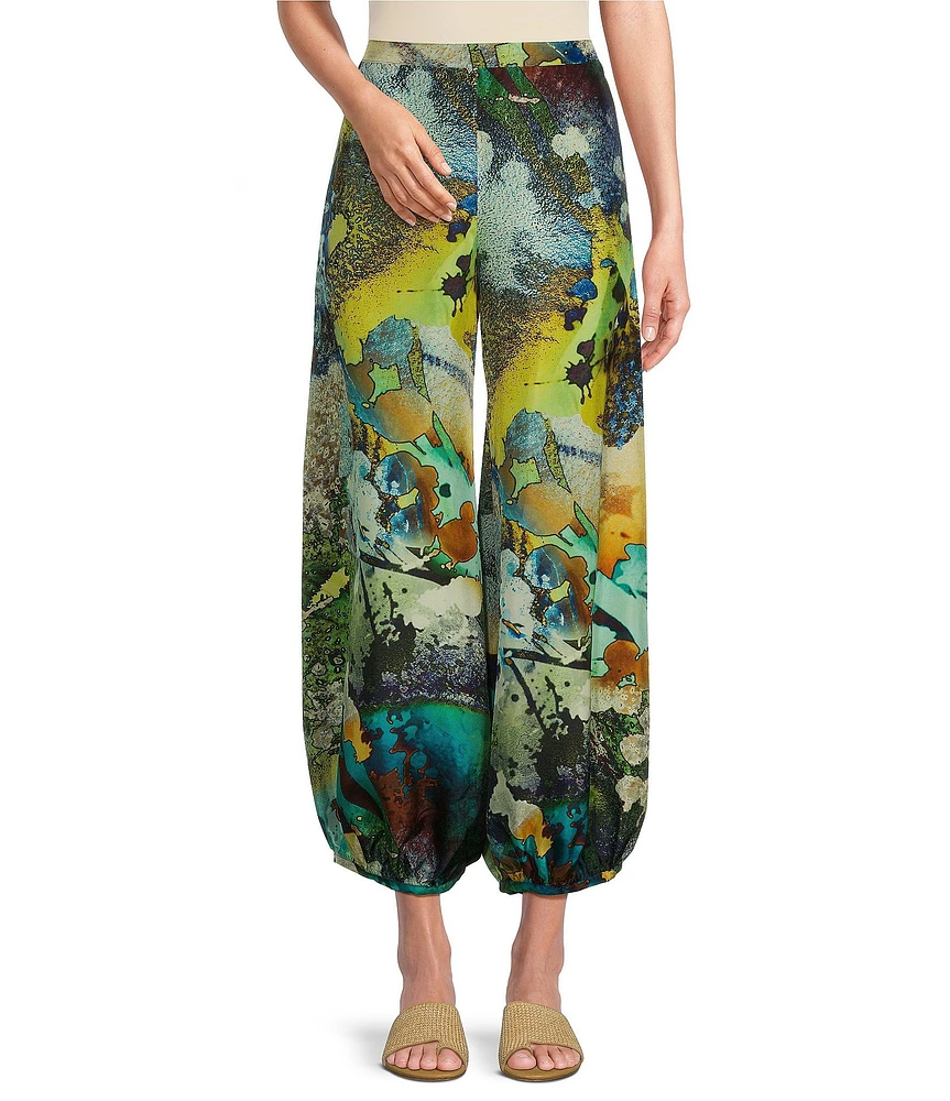 Bryn Walker Silk Canale Print Wide-Leg Pull-On Cropped Pants