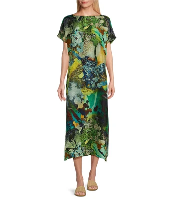 Bryn Walker Silk Liz Canale Print Crew Neck Cap Sleeve Oversized Fit Dress