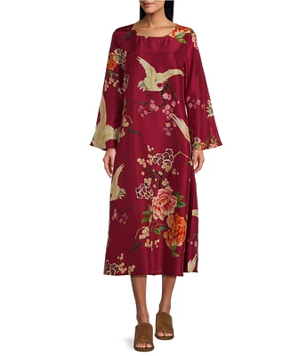 Bryn Walker Silk Printed Calista Round Neck Long Flare Sleeve A-Line Dress