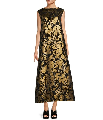 Bryn Walker Twiggy Duchesse Metallic Floral Print Round Neck Sleeveless A-Line Dress