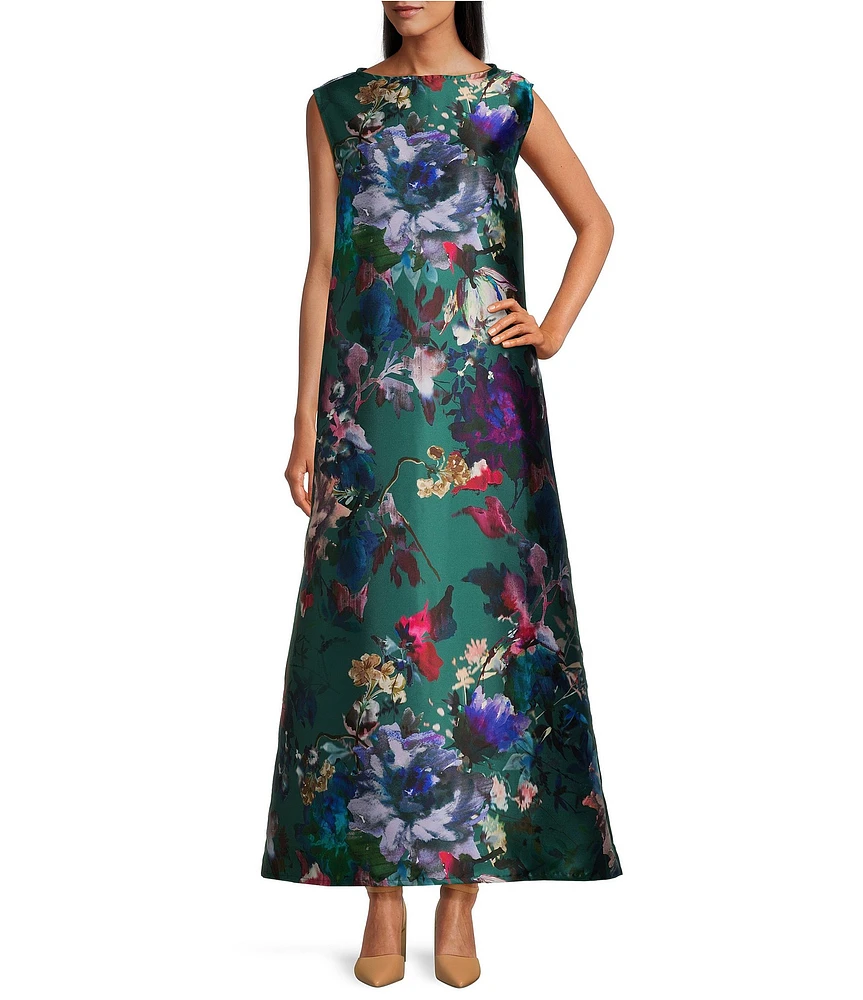 Bryn Walker Twiggy Long Adagio Duchesse Floral Print Round Neck Sleeveless A-Line Dress