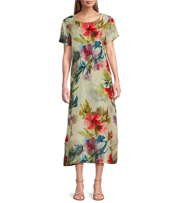 Bryn Walker Wesley Silk Fiori Print Round Neck Short Sleeve A-Line Dress