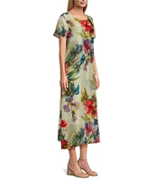 Bryn Walker Wesley Silk Fiori Print Round Neck Short Sleeve A-Line Dress