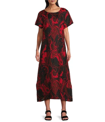 Bryn Walker Wesley Woven Garden Print Crew Neck Short Sleeve A-Line Midi Dress