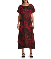 Bryn Walker Wesley Woven Garden Print Crew Neck Short Sleeve A-Line Midi Dress