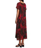 Bryn Walker Wesley Woven Garden Print Crew Neck Short Sleeve A-Line Midi Dress