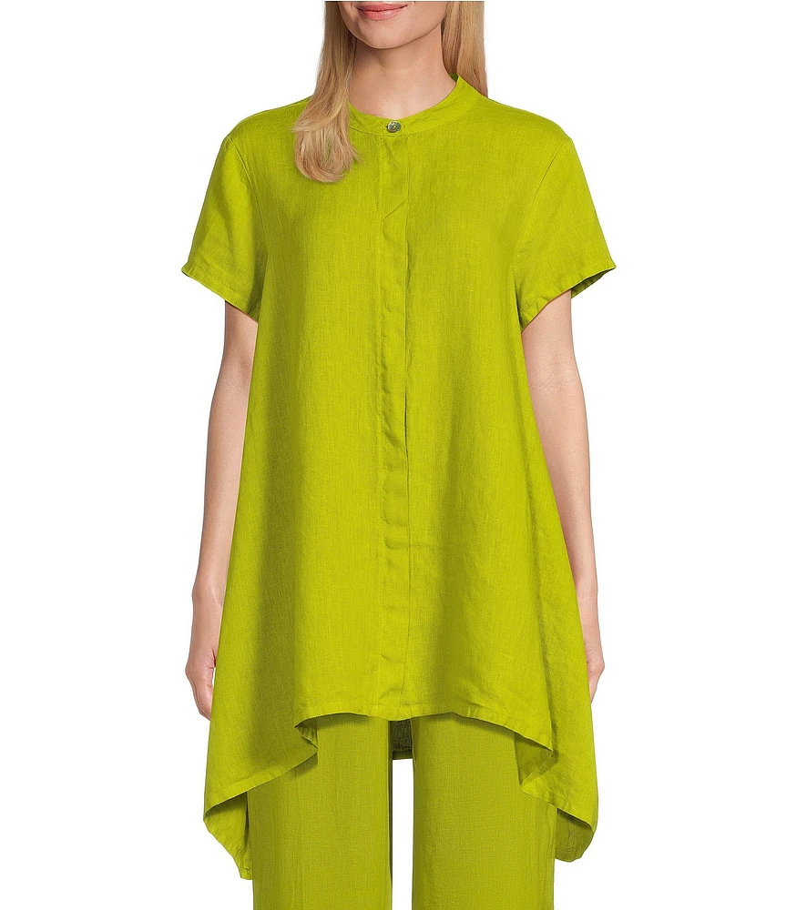 Bryn Walker Willa Light Linen Mandarin Collar Cap Sleeve High-Low Hem Button-Front Coordinating Tunic