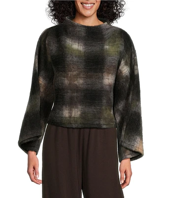 Bryn Walker Wool Blend Anna Plaid Funnel Neck Long Sleeve Cropped Sweater