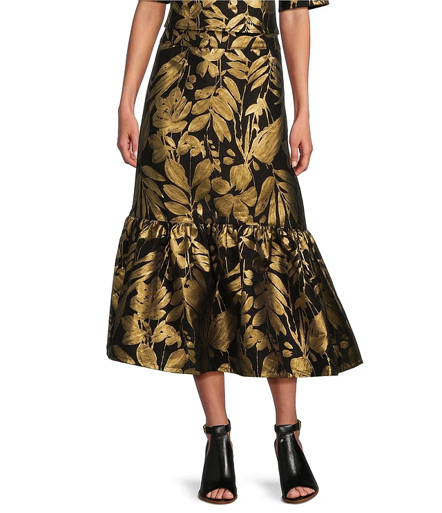 Bryn Walker Woven Gold Foiled Floral Ruffle Skirt | Liberty Center