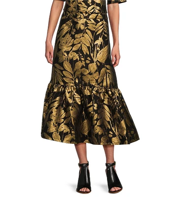 Bryn Walker Woven Gold Foiled Floral Ruffle Skirt