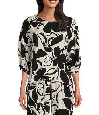 Bryn Walker Woven Lucinda Floral Petal Print Round Neck 3/4 Sleeve Hi-Low Hem Shirt