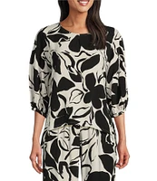 Bryn Walker Woven Lucinda Floral Petal Print Round Neck 3/4 Sleeve Hi-Low Hem Shirt