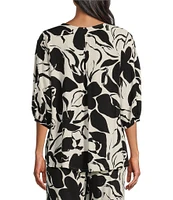 Bryn Walker Woven Lucinda Floral Petal Print Round Neck 3/4 Sleeve Hi-Low Hem Shirt